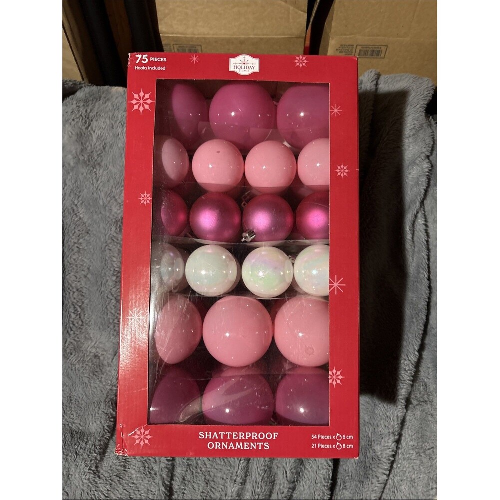 Holiday Time 75 Pcs Shatterproof Ornaments Christmas Balls Bulbs Pink White NEW